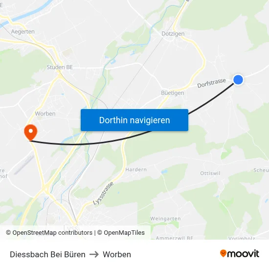 Diessbach Bei Büren to Worben map