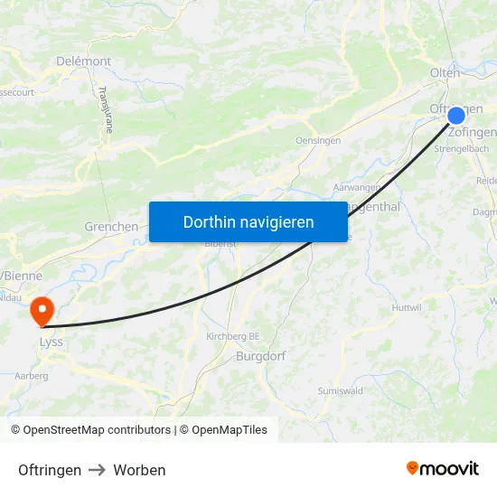 Oftringen to Worben map