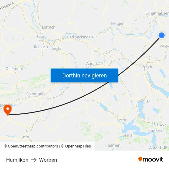 Humlikon to Worben map