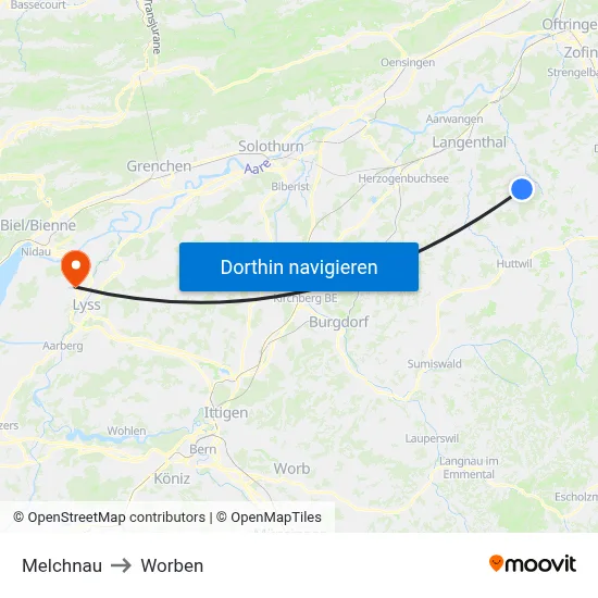 Melchnau to Worben map
