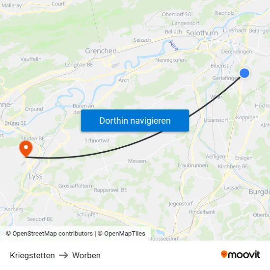 Kriegstetten to Worben map