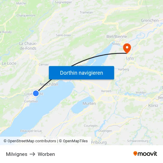 Milvignes to Worben map