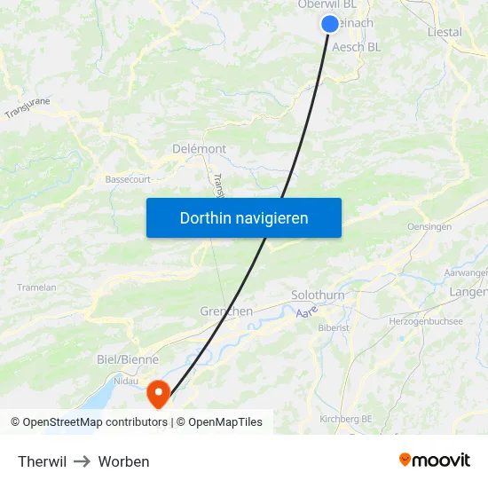 Therwil to Worben map