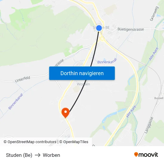 Studen (Be) to Worben map