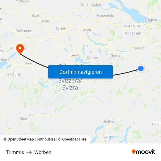 Trimmis to Worben map