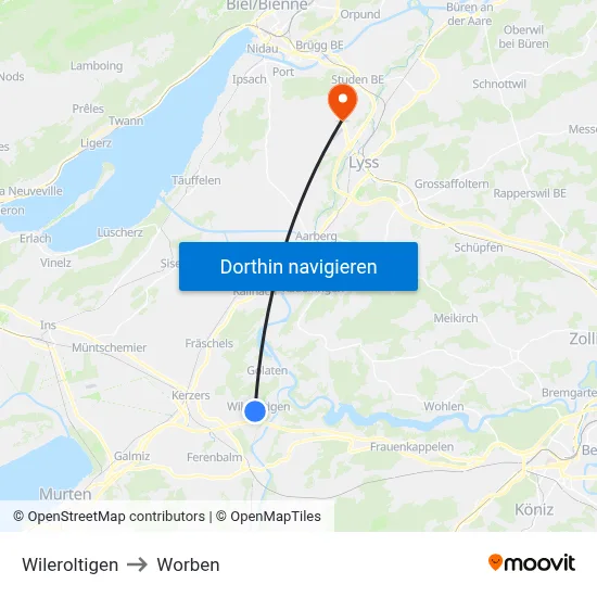 Wileroltigen to Worben map