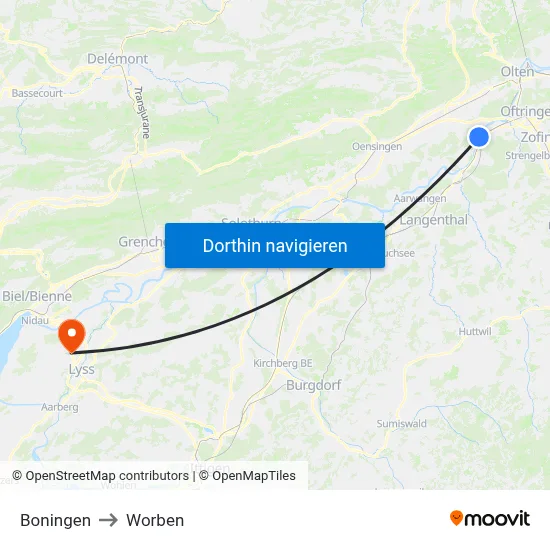Boningen to Worben map