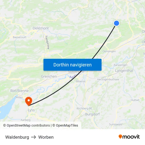 Waldenburg to Worben map