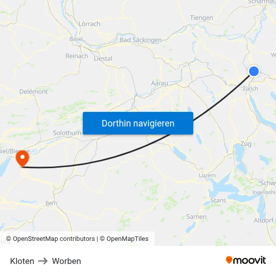 Kloten to Worben map
