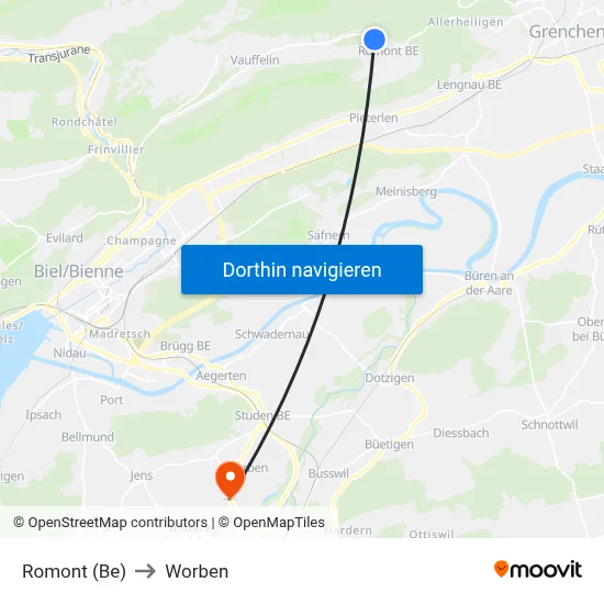 Romont (Be) to Worben map