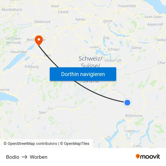 Bodio to Worben map