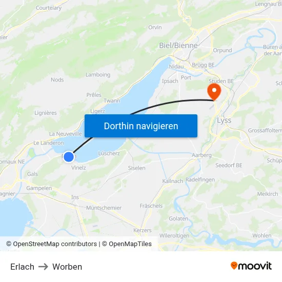Erlach to Worben map