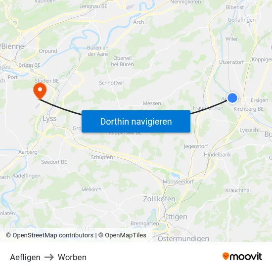 Aefligen to Worben map