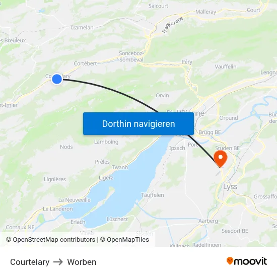 Courtelary to Worben map