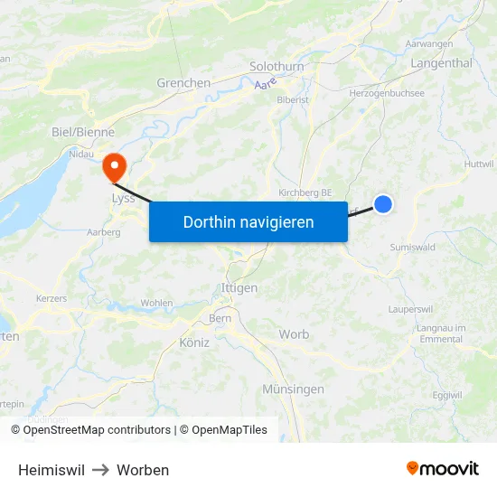 Heimiswil to Worben map
