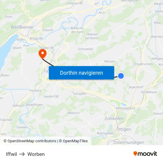 Iffwil to Worben map