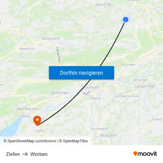 Ziefen to Worben map