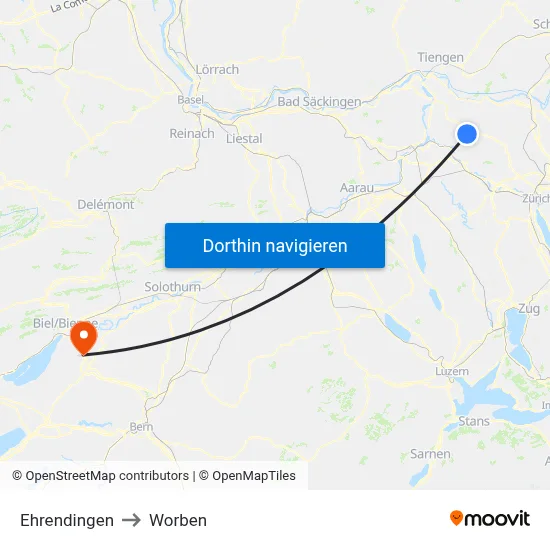 Ehrendingen to Worben map