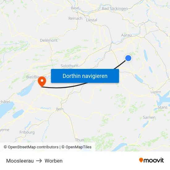 Moosleerau to Worben map
