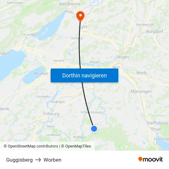 Guggisberg to Worben map