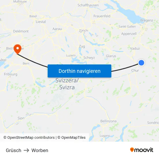 Grüsch to Worben map