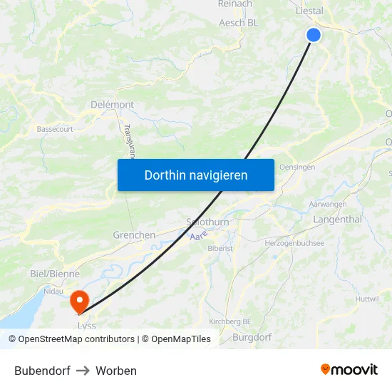Bubendorf to Worben map