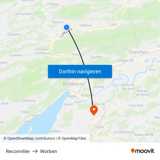 Reconvilier to Worben map