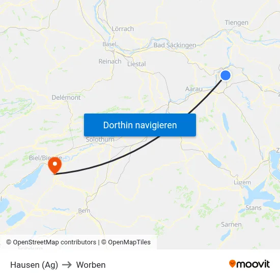 Hausen (Ag) to Worben map