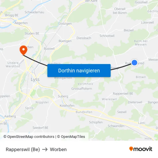 Rapperswil (Be) to Worben map