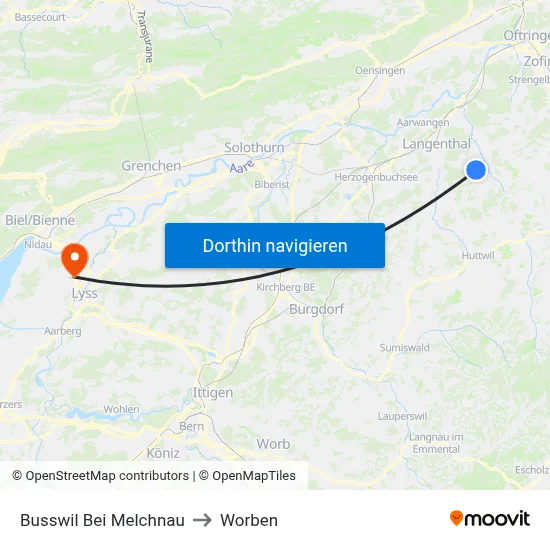 Busswil Bei Melchnau to Worben map