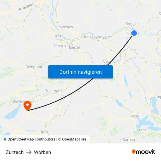 Zurzach to Worben map