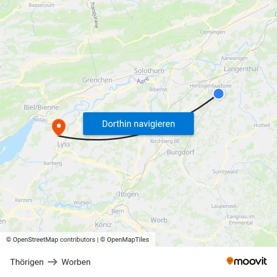 Thörigen to Worben map