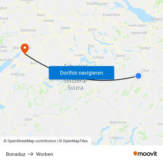 Bonaduz to Worben map