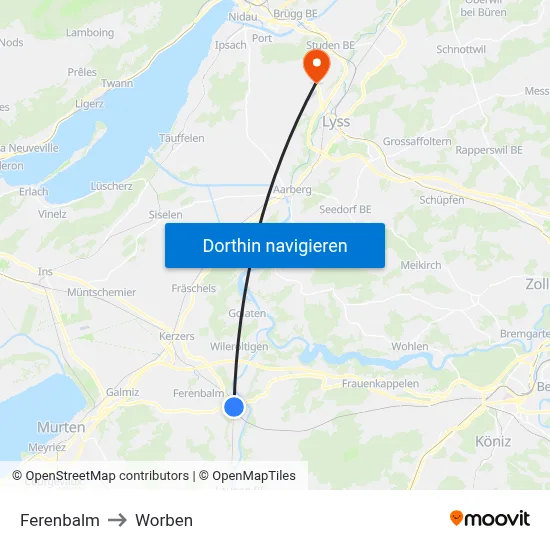 Ferenbalm to Worben map