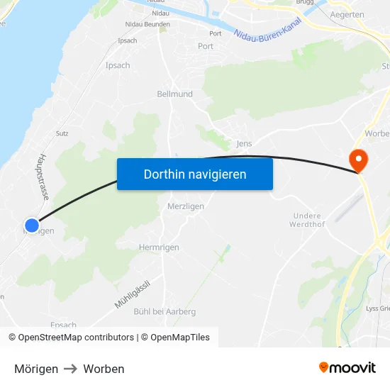 Mörigen to Worben map