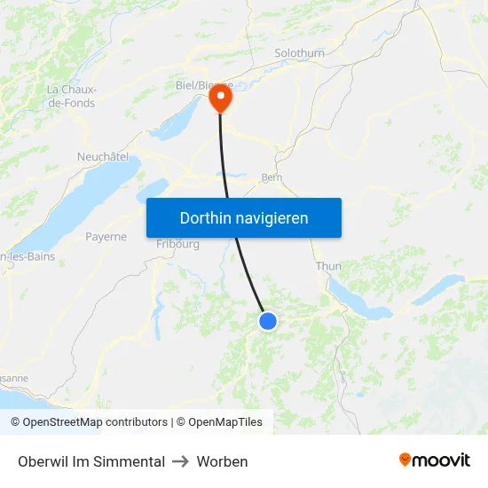 Oberwil Im Simmental to Worben map