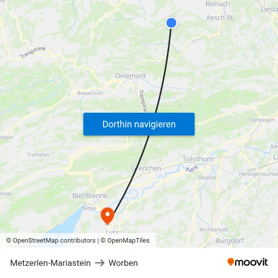 Metzerlen-Mariastein to Worben map