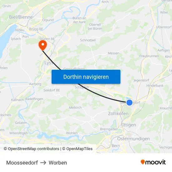 Moosseedorf to Worben map