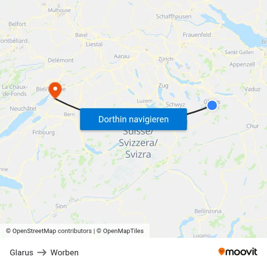 Glarus to Worben map