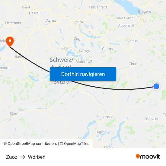 Zuoz to Worben map
