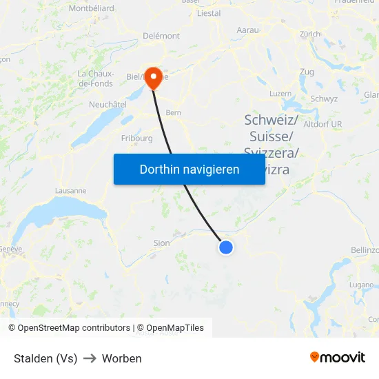 Stalden (Vs) to Worben map