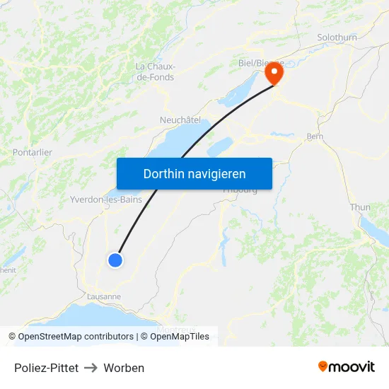Poliez-Pittet to Worben map
