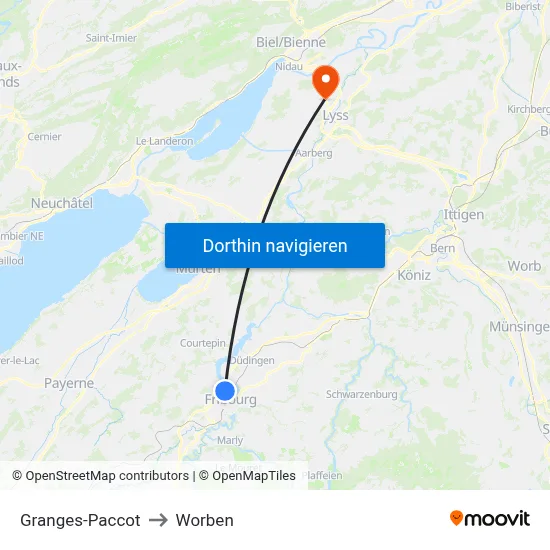 Granges-Paccot to Worben map
