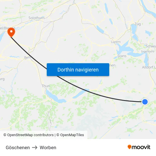 Göschenen to Worben map