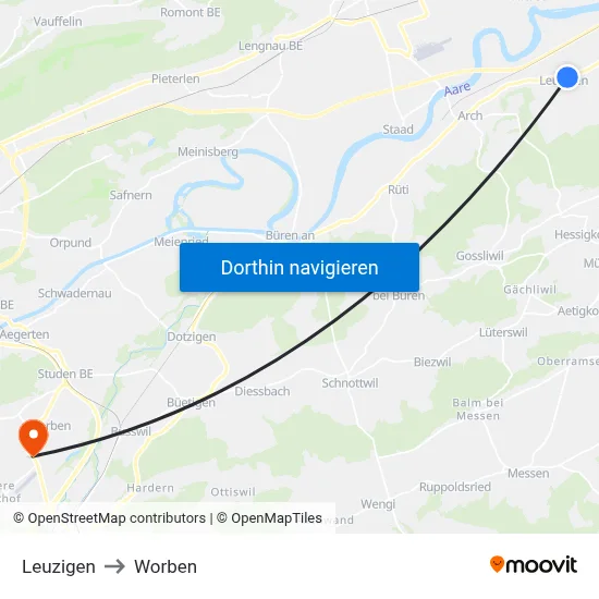 Leuzigen to Worben map