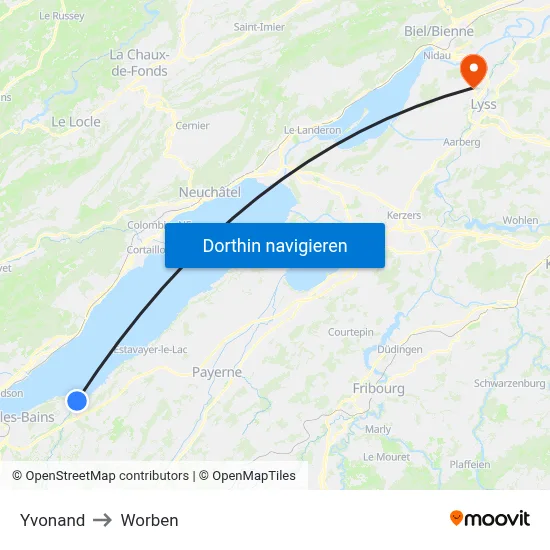 Yvonand to Worben map