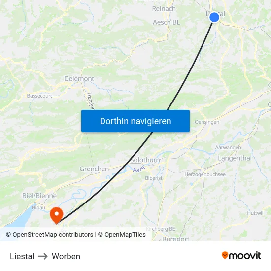 Liestal to Worben map