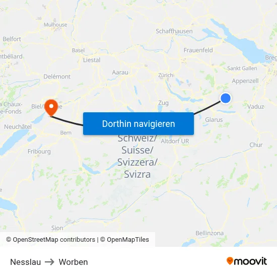 Nesslau to Worben map