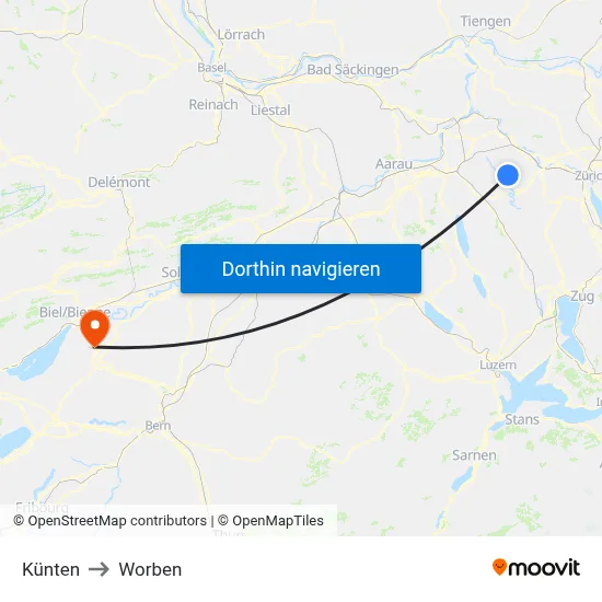 Künten to Worben map