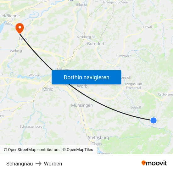 Schangnau to Worben map